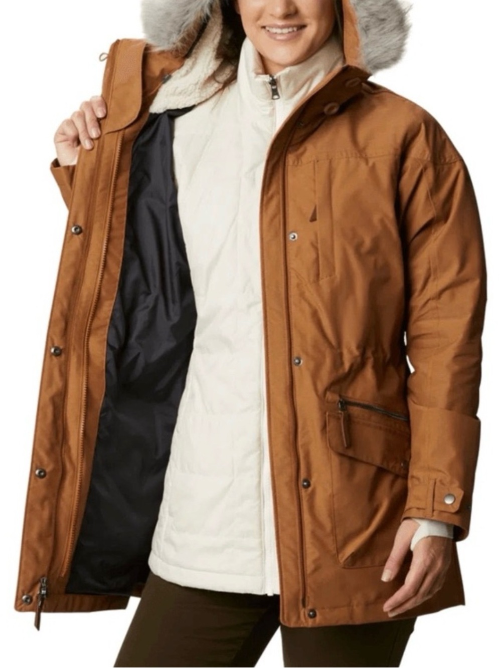 Womens Brown Winter Parka Jacket - Insulated Hooded Coat